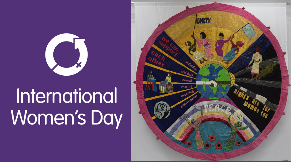 Image of International Women's Day Logo & Blackburn Youth Service girls' banner