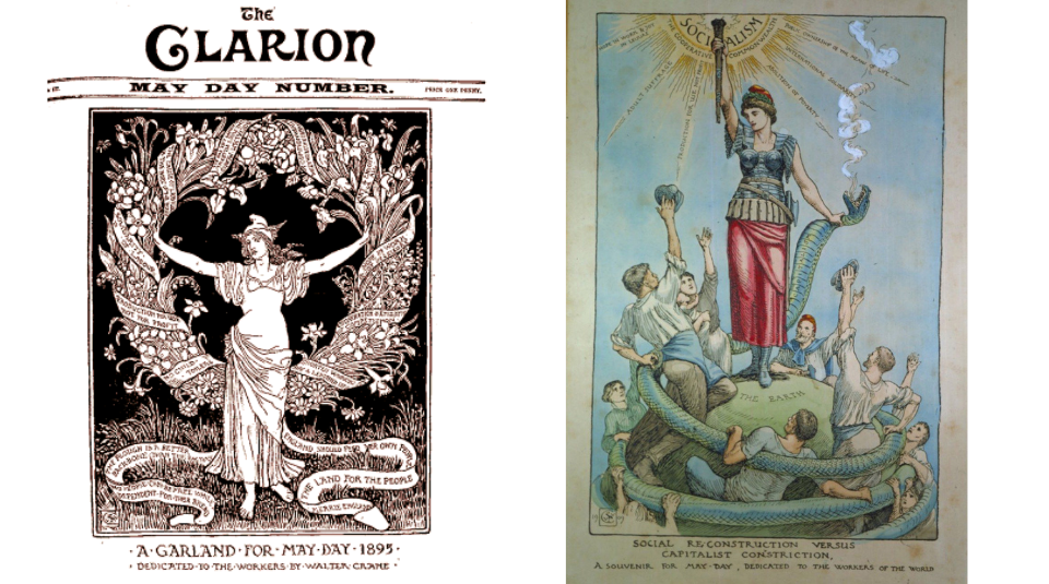 Image of Left to Right A Garland for May , 1895 & Social Reconstruction versus Capitalist Constriction, 1909 both by Walter Crane. Images courtesy People's History Museum