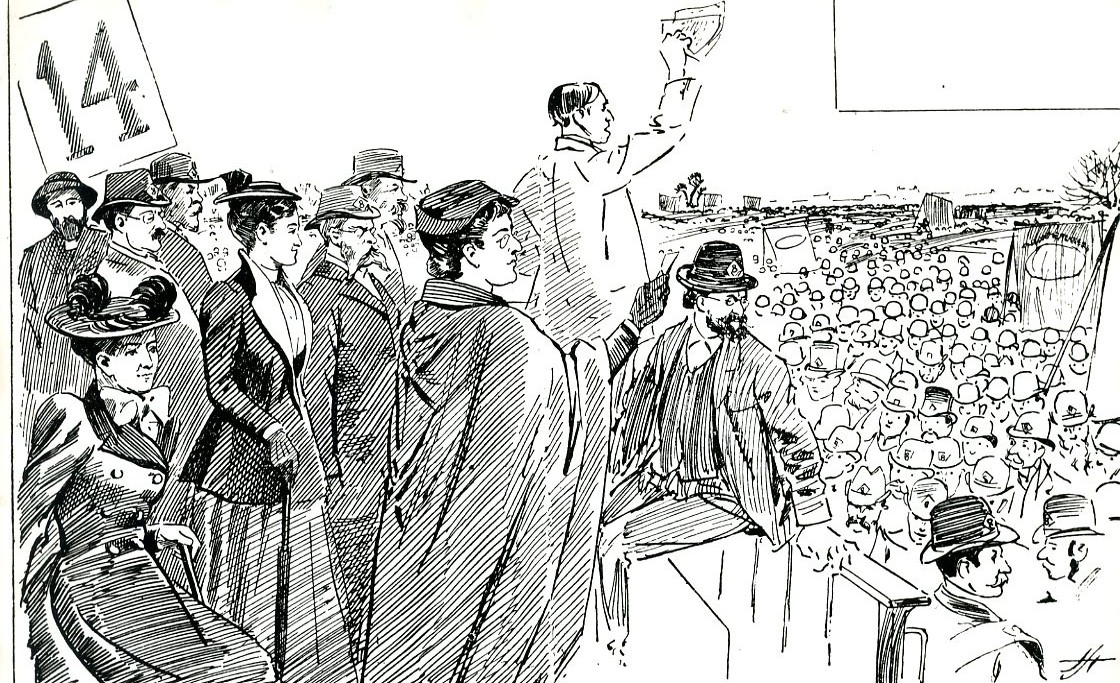 May Day in Hyde Park 1891. Eleanor Marx is the woman in the cloak, Aveling the speaker, Engels the taller of the two bearded men behind him.