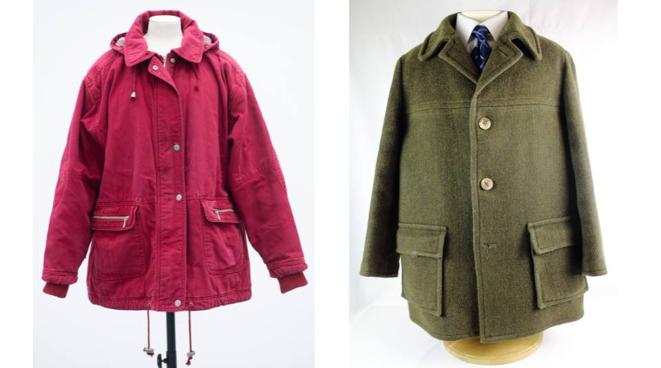 Left to right Hayley Cropper's red anorak, around 1998 & Michael Foot's Coat, 1981. Images courtesy of People's History Museum