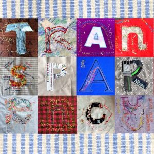 Sat 24 September & Sat 15 October 2022, The Fabric of Protest, Transparency Patchwork. Image courtesy of People's History Museum. Patchwork of the square for each of the letters of the word 'transparency'. Letters are all made from different materials and sewing techniques.