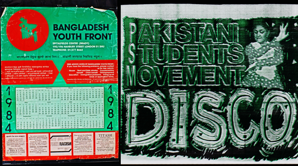 Image of Left to right Bangladesh Youth Front poster, 1984, Pakistani Students Movement Disco poster, around 1980, copyright holder unknown.