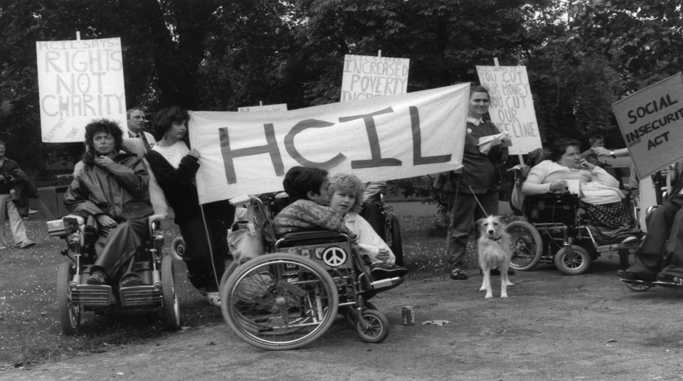 Image of Hampshire Centre for Independent Living banner, British Council Of Disabled People demonstration photograph, 1988. Image courtesy of Disabled People's Archive