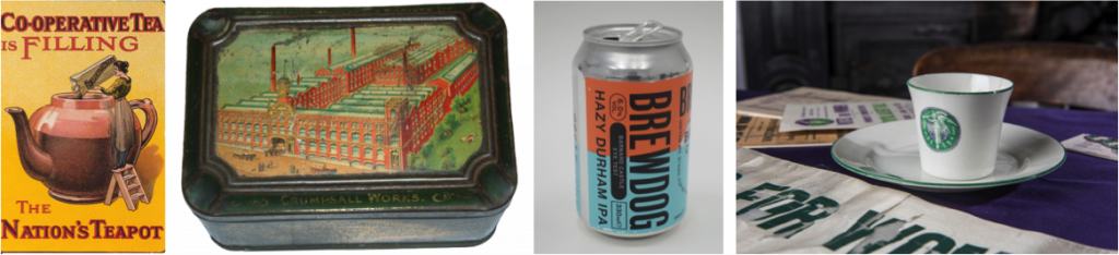 Co operative advert, date unknown, Crumpsall Biscuit Works tin 1905, Brewdog Barnard Castle Eye Test beer can 2020, Votes for Women ceramic plate and cup 1909