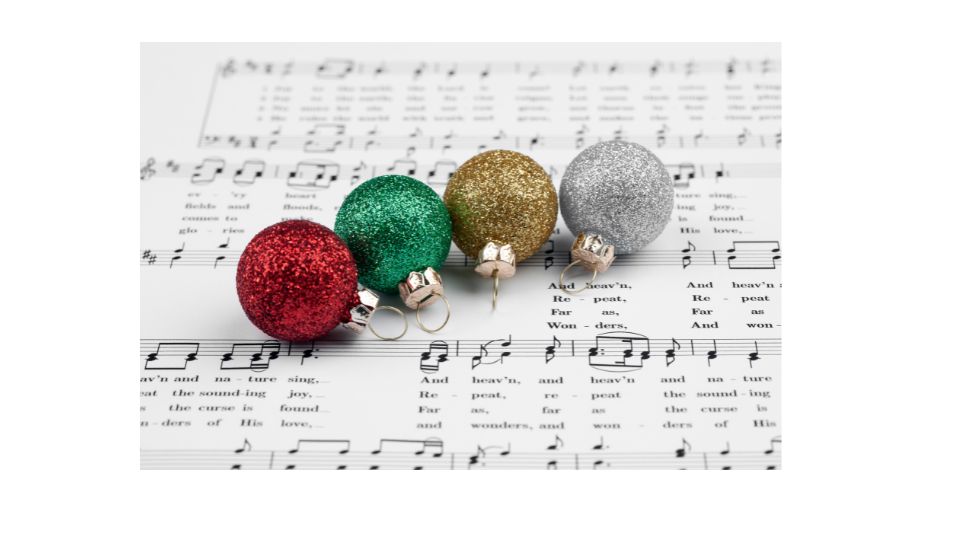 Image of colourful Christmas baubles on a sheet of musical notes.