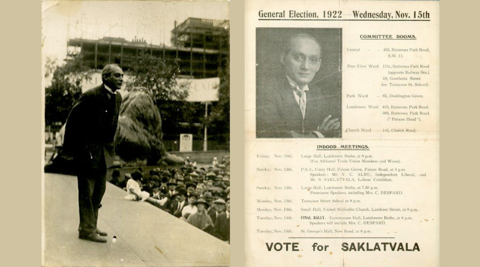 Image of Left to Right - Saklatvala speaking to a crowd in Trafalgar Square, Communist Party photo collection & Saklatvala 1922 election leaflet. Images courtesy of People's History Museum