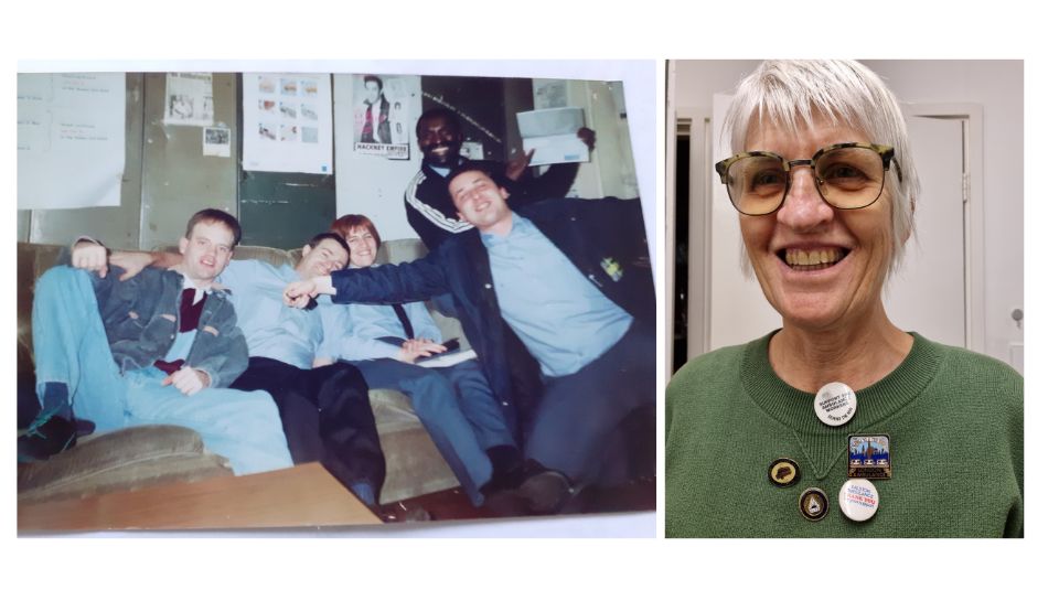 Clare Winter and her colleagues, Dalston ambulance station, 1989 and Clare Winter wearing her ambulance worker badges, 2022. © Clare Winter