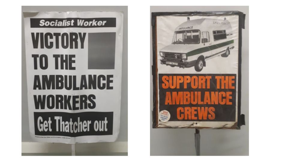 Victory to the ambulance workers and Support the ambulance crews placards, 1989 to 1990. Images courtesy of People’s History Museum