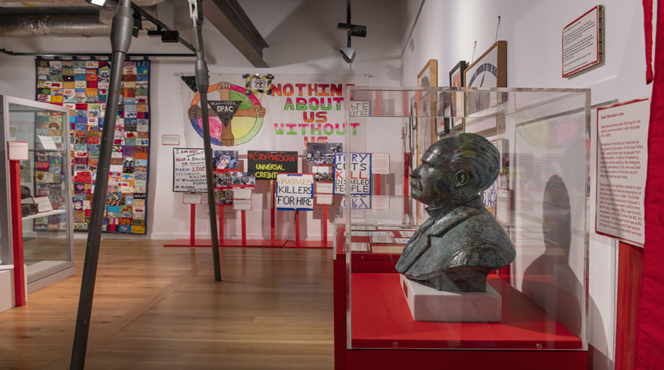 Francis Maginn bronze bust, 1990 in the Nothing About Us Without Us exhibition. On loan from British Deaf History Society Deaf Museum. Image courtesy of People’s History Museum