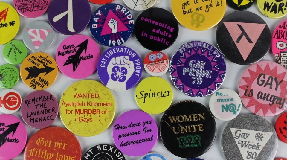 Image of Sat 4 February 2023, OUTing the Past Festival celebration. LGBT+ badge collection. Image courtesy of People's History Museum