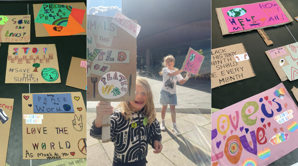 Image of colourful placards and children waving their creations. Image courtesy of People's History Museum.