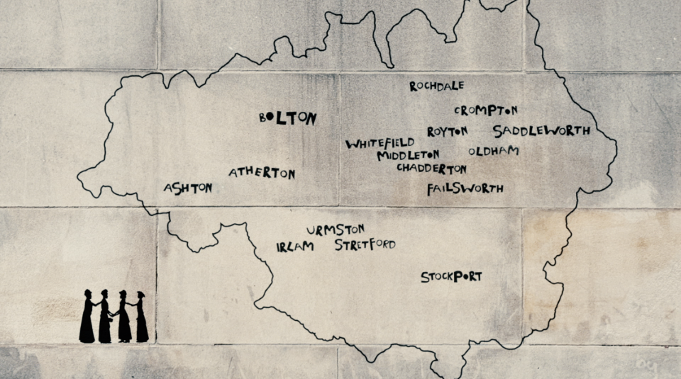 Image of A still from an animation on Peterloo showing a map outline of Greater Manchester, including written names of several areas within it. Outside of the map outline are small silhouettes of four women in old fashioned dress.