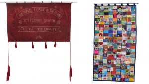 Left to right National League of the Blind banner, date unknown; Justice for Laughing Boy quilt, 2014