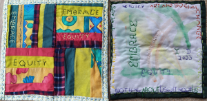 Patchwork pieces from PHM's Fabric of Protest workshops, representing disabling barriers.