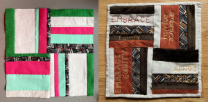 Patchwork pieces from PHM's Fabric of Protest workshops, representing disabling barriers.