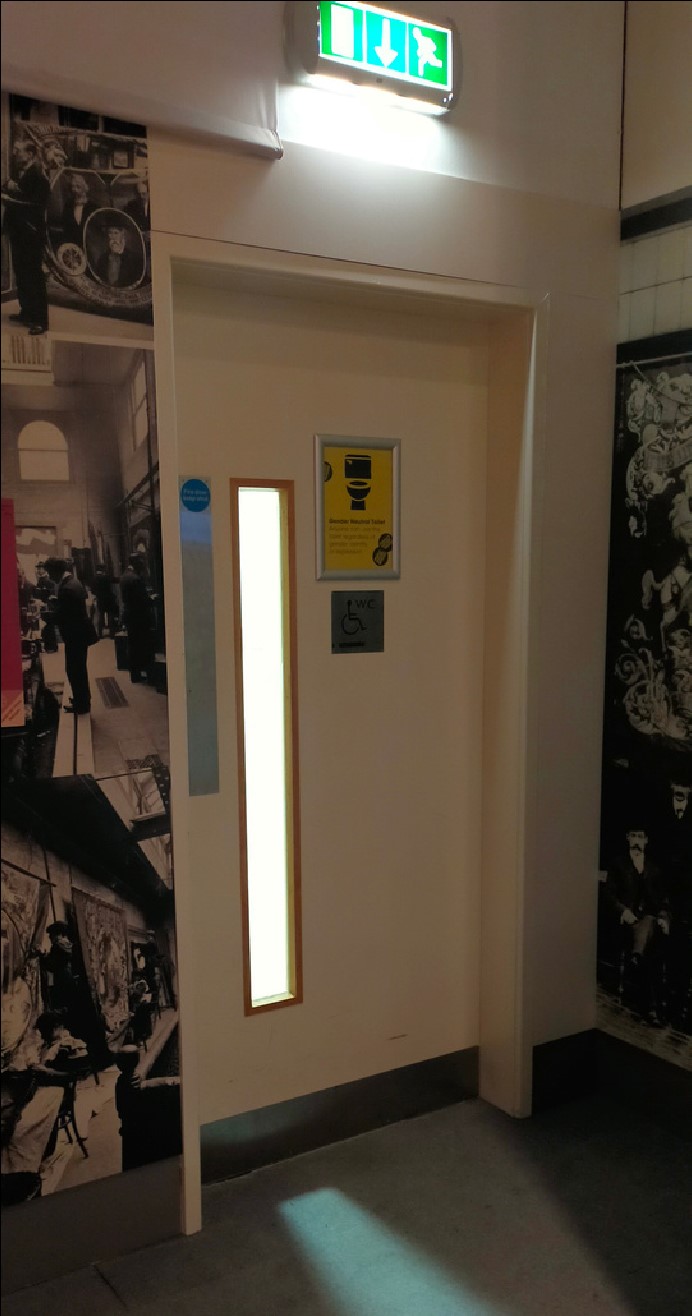 Entrance to second floor toilet in Main Gallery Two at People's History Museum.