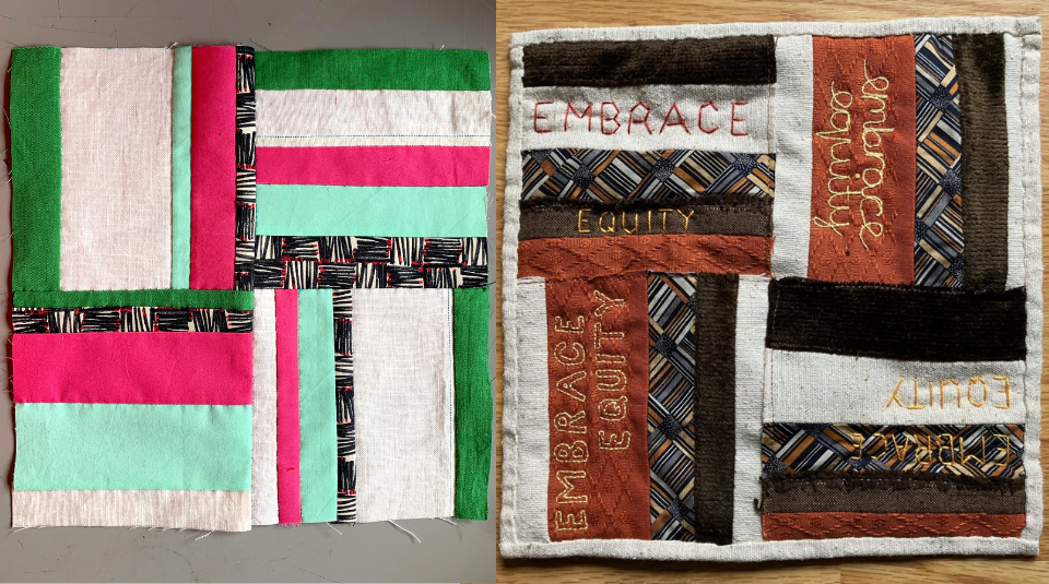 Image of Patchwork pieces from PHM's Fabric of Protest workshops, representing disabling barriers.