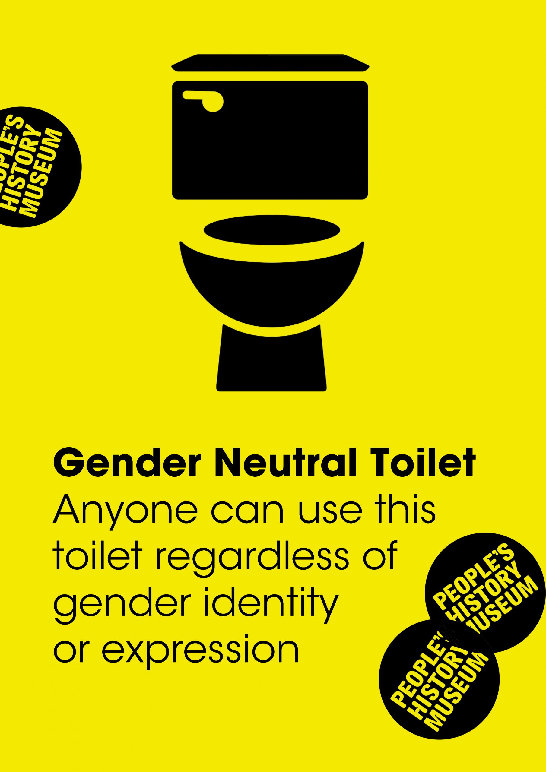 Gender neutral toilet sign with text 'Anyone can use this toilet regardless of gender identity or expression'.