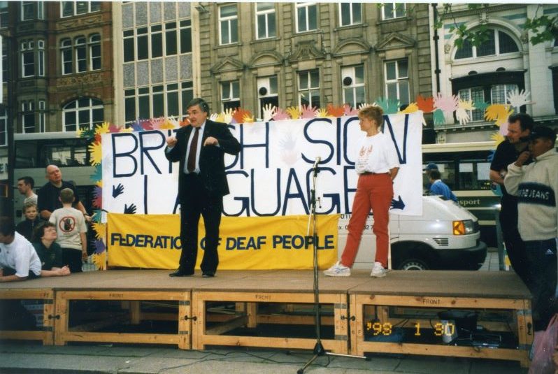 Image of March for British Sign Language (BSL) recognition, 2000. Photograph courtesy of Jen Dodds