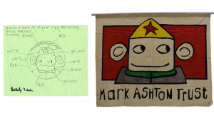 Left to right. Mark Ashton Trust logo design sketch by Diane Pacey. Mark Ashton Trust banner, 1988. Images courtesy of People's History Museum.