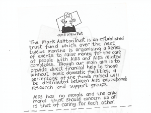 Mark Ashton Trust leaflet (reverse). Image courtesy of Ashtar Al Khirsan.