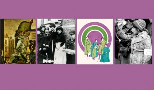 Image of Left to right: Mary Fildes on detail from Peterloo commemorative glass, photograph of match girls, 1888, illustration of Sylvia Pankhurst by artist Halah El Kholy, 2019, and photograph of Jayaben Desai.