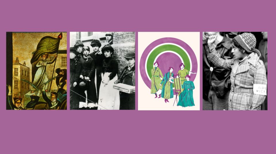 Images left to right: Mary Fildes on detail from Peterloo commemorative glass, date unknown, photograph of match girls, 1888, illustration of Sylvia Pankhurst by artist Halah El Kholy, 2019, and photograph of Jayaben Desai, date and copyright unknown. All images courtesy of People's History Museum.