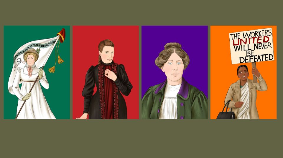 Image of radical women, left to right: Mary Fildes, Annie Besant, Sylvia Pankhurst, and Jayaben Desai. Illustrations by the Rickard Sisters, 2023. Image courtesy of People's History Museum.