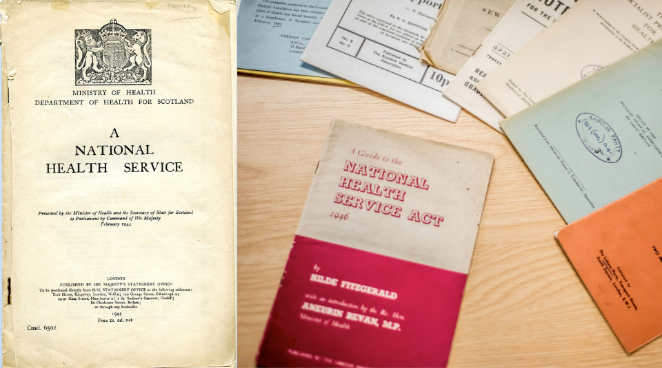 Image of Left to right: National Health Service Act; Public Health pamphlets from 1892 to 1970.