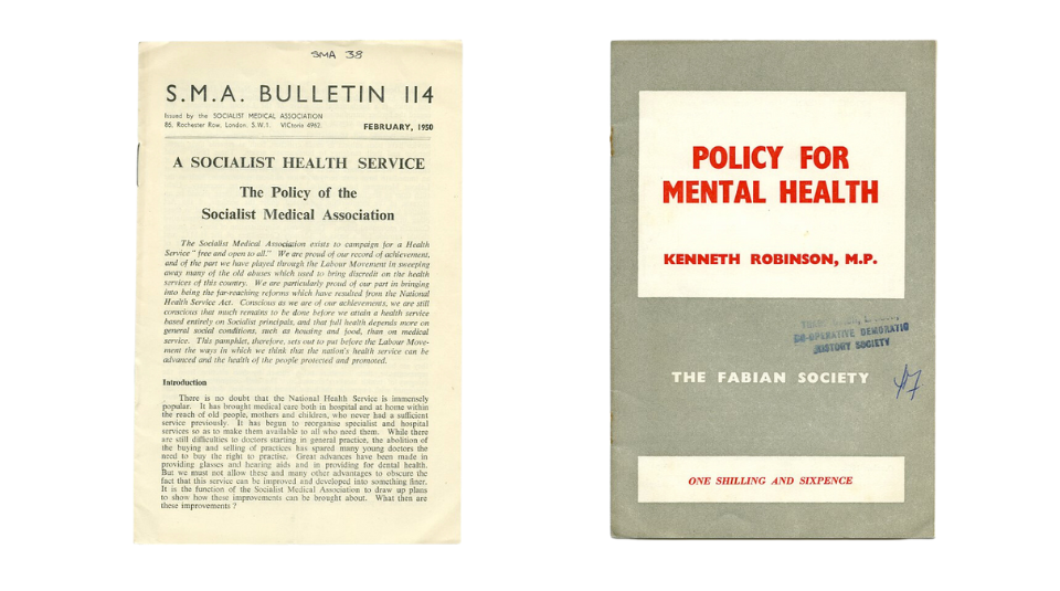 left to right: SMA bulletin 114, 1950 and Policy for Mental Health by Kenneth Robinson, 1958.