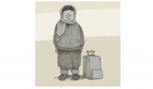 Image of main character, Camelia, from 'Echoes of Displacement' comic, illustrated by Lindsay Pollock. Image shows a black and white sketch of a woman wearing an oversized jacket and headscarf, looking worried and alone. A small suitcase is beside her.