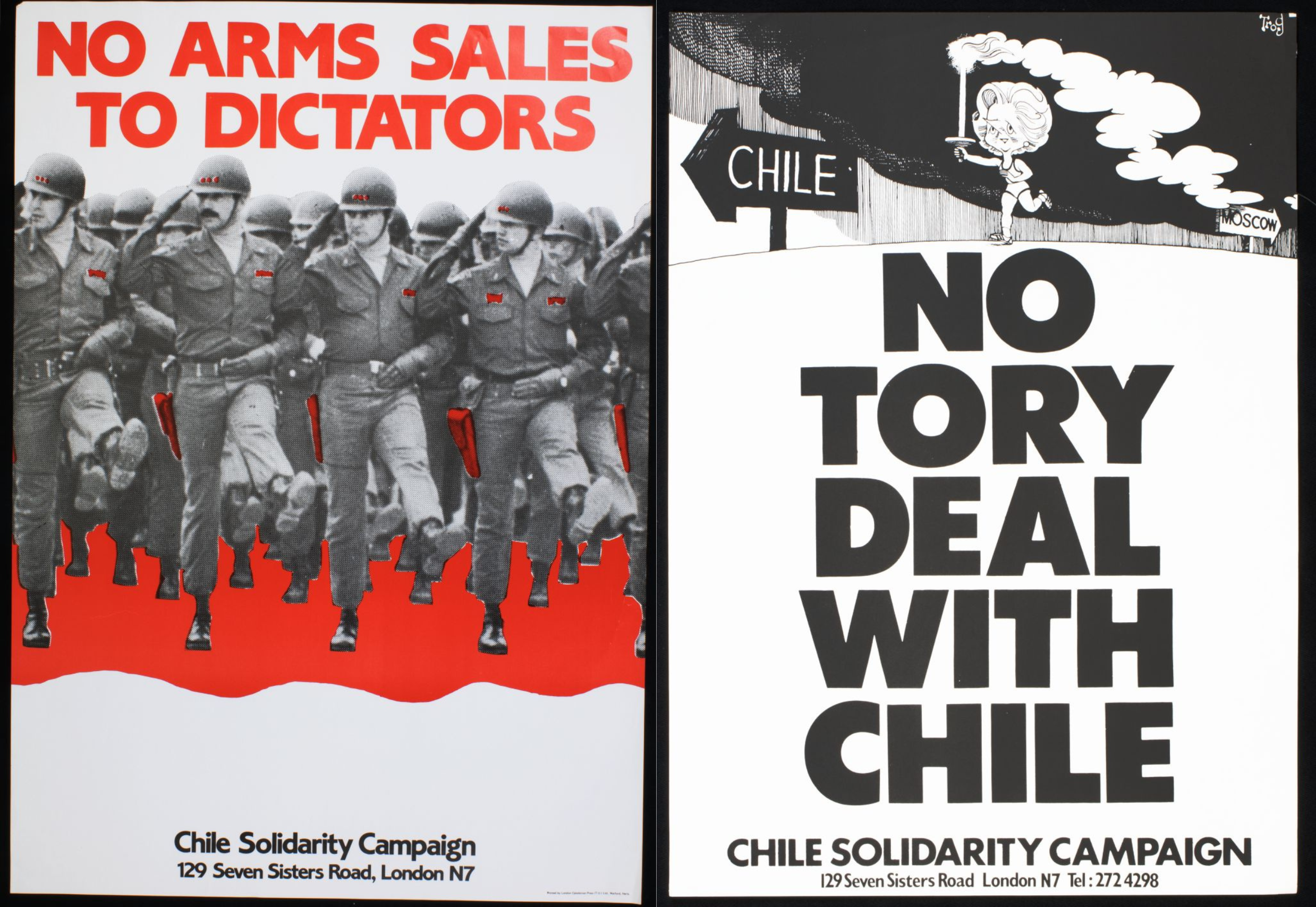 Left to right No Arms Sales to Dictators by the Chile Solidarity Campaign 1973 1978 and Boycott Chilean Goods poster by the Chile Solidarity Campaign 1978.