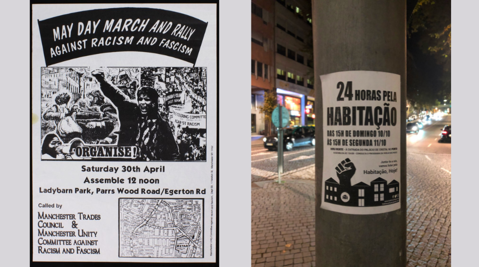 Left to right ‘May Day March and Rally Against Racism and Fascism’ poster, around 1970. Image courtesy of People’s History Museum. Photograph of flyer from the housing rights organisation Habitacao Hoje (Housing Today), Porto, 2021. Image courtesy of Simon Faulkner 