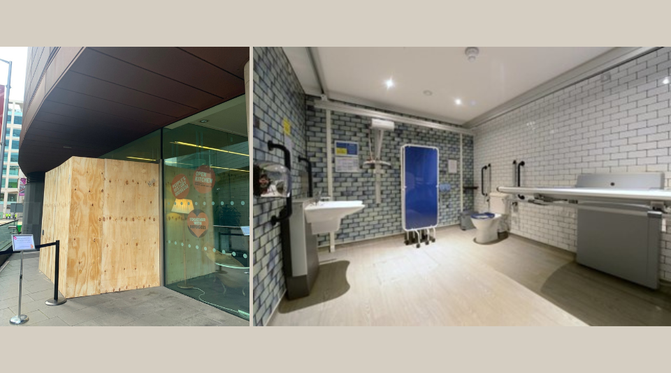 Left to right: preparatory work for fully accessible sliding doors and Changing Places toilet. Image courtesy of changing-places.org.