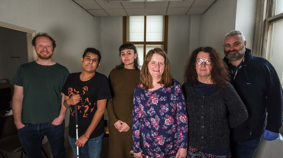 Image of (left to right): PHM Programme Officer Michael Powell, PHM Community Curators Anis Akhtar, Hannah Ross, Ruth Malkin, and Alison Wilde, and PHM Exhibitions Officer Mark Wilson. Image courtesy of People's History Museum.