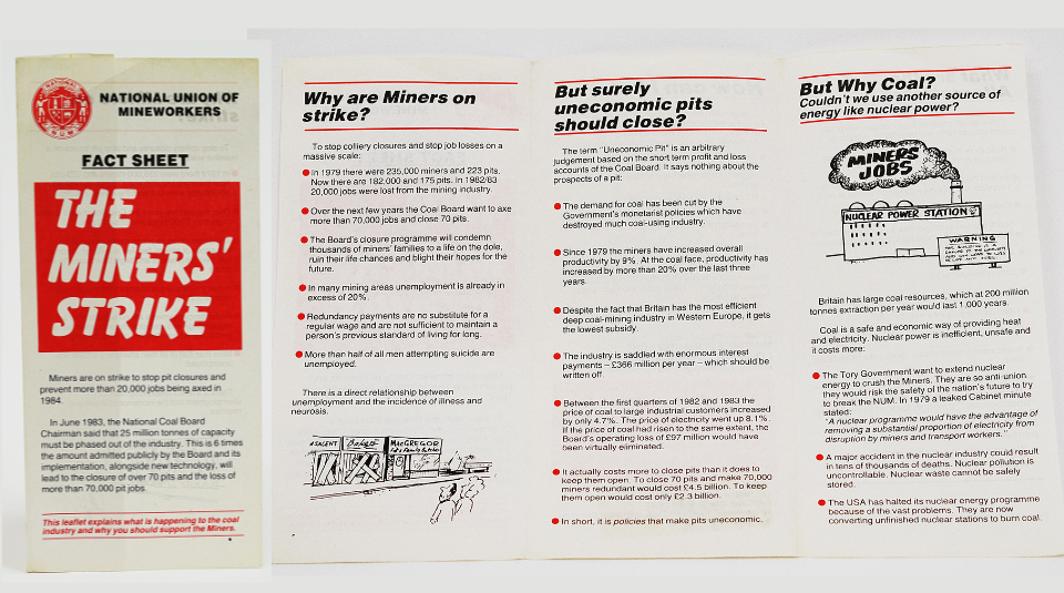 A white leaflet titled The Miners’ Strike in red