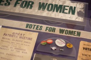 votes for women campaign items in the Voters section of Main Gallery Two at People's History Museum.