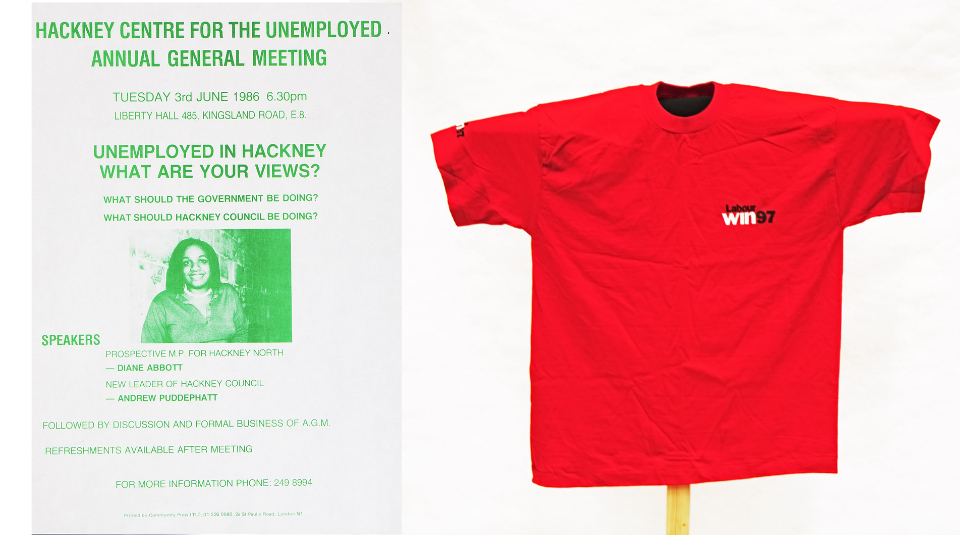 Diane Abbott photograph, Hackney Centre For The Unemployed AGM flyer(1987) and New Labour t shirt (1997)