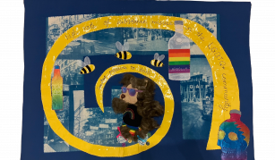 Image of textile artwork including a teddy bear on roller skates, bees, and rainbow coloured bottles, with a yellow swirl shape with the text: 'high rate of substance misuse in the LGBT+ community, constant pressure to drink'.