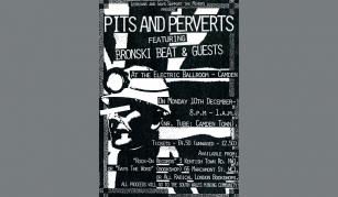 Image of black printed collage flyer on a white background including text: 'PITS AND PERVERTS' and a printed headshot of a miner with a rectangle strip covering their eyes.