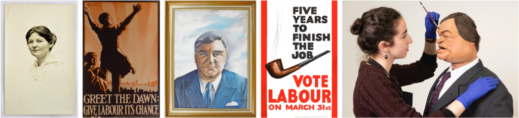 Margaret Bondfield photograph (around 1920),Greet The Dawn poster (1923),Aneurin Bevan portrait by W P Alston (1980),Five Years To Finish The Job poster (1966) and Spitting Image puppet of John Prescott (around 1992)