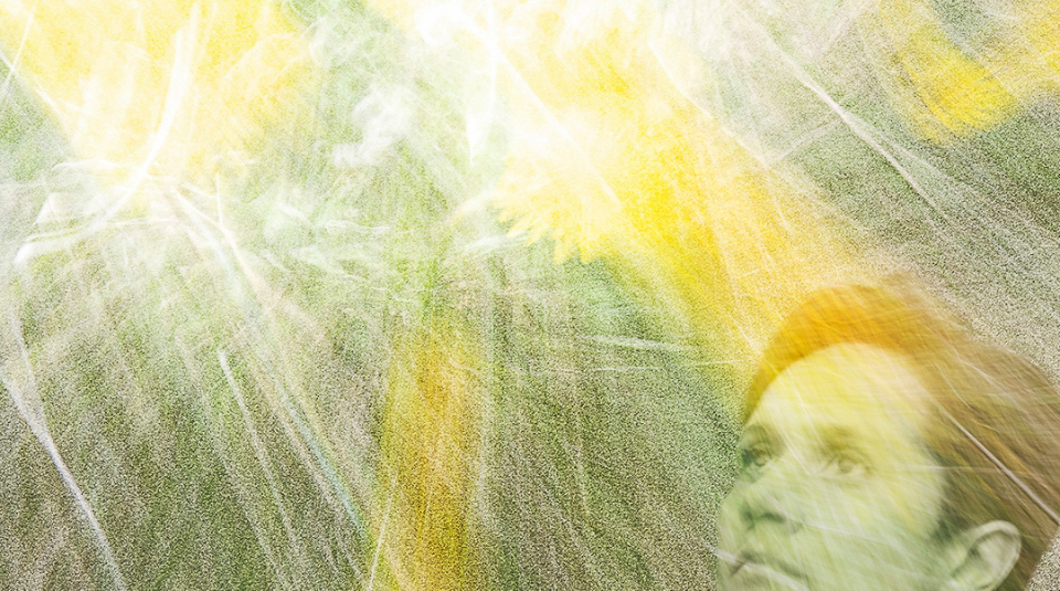 Image of artwork showing yellow and white motion lines suggesting movement and flashes of light, with an image of a person's head looking upwards.