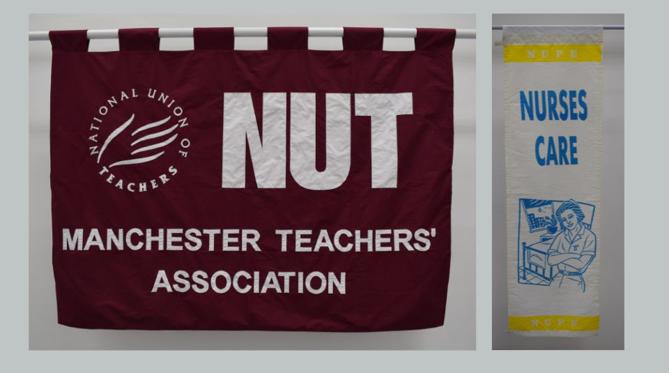 Image of left to right: dark red landscape banner with text 'NUT Manchester Teachers' Association' and portrait banner with text 'Nurses Care' and an image of a nurse by a hospital bed.