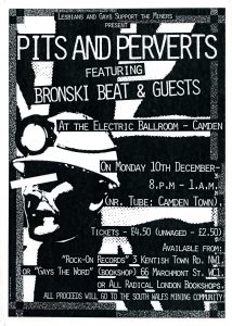 Black printed collage flyer on a white background including text: 'PITS AND PERVERTS' and a printed headshot of a miner with a rectangle strip covering their eyes.