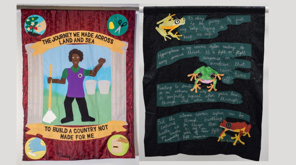 Image of left to right: banner with an image of a Black person holding a mop and bucket with the text: 'The Journey We Made Across Land And Sea To Build A Country Not Made For Me' and a banner with images of frogs and text beginning 'It's ok to be jumpy. It's just my body trying to keep me safe.'