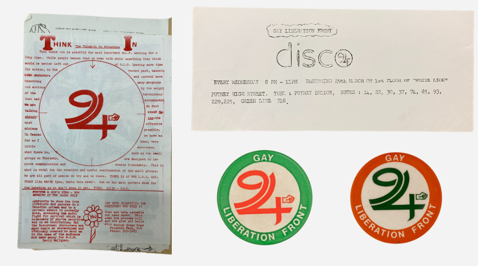 A Jupiter GLF badge advertised in Come Together. A flyer for a GLF disco in which the 'O' of 'disco' contains a Jupiter symbol. Two red and green GLF Jupiter badges. 