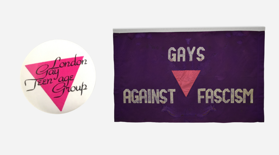 Image of A white badge with a pink triangle that says 'London Gay Teenage Group'. A purple banner with a pink triangle that says 'Gays Against Fascism'.