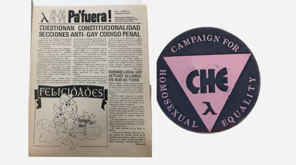 Front cover of Pa'fuera! newspaper. A black badge with a lambda inside a pink triangle with the words 'Campaign for Homosexual Equality.'