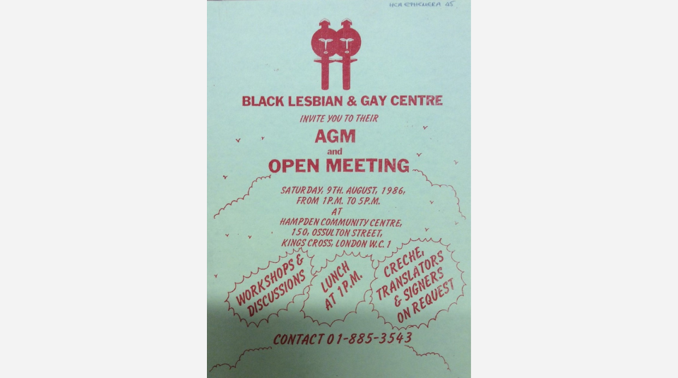 A Black Lesbian and Gay Centre flyer which features a logo which appears like two statues in the shape of a mixed Venus and Mars symbol.