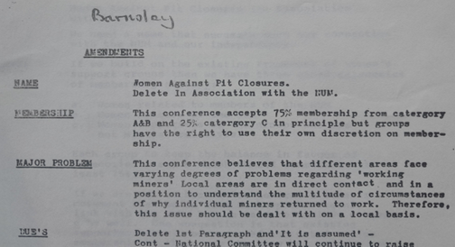 Section of typed minutes from the Barnsley Women Against Pit Closures meeting in 1984.